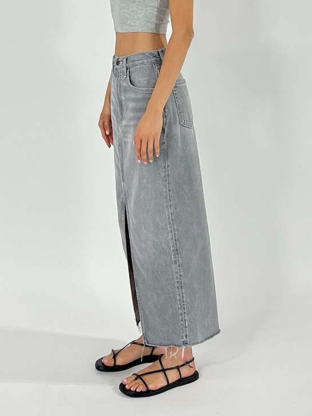 Etica Gray Katina Maxi Denim Skirt with Front Slit - Picture 3 of 11